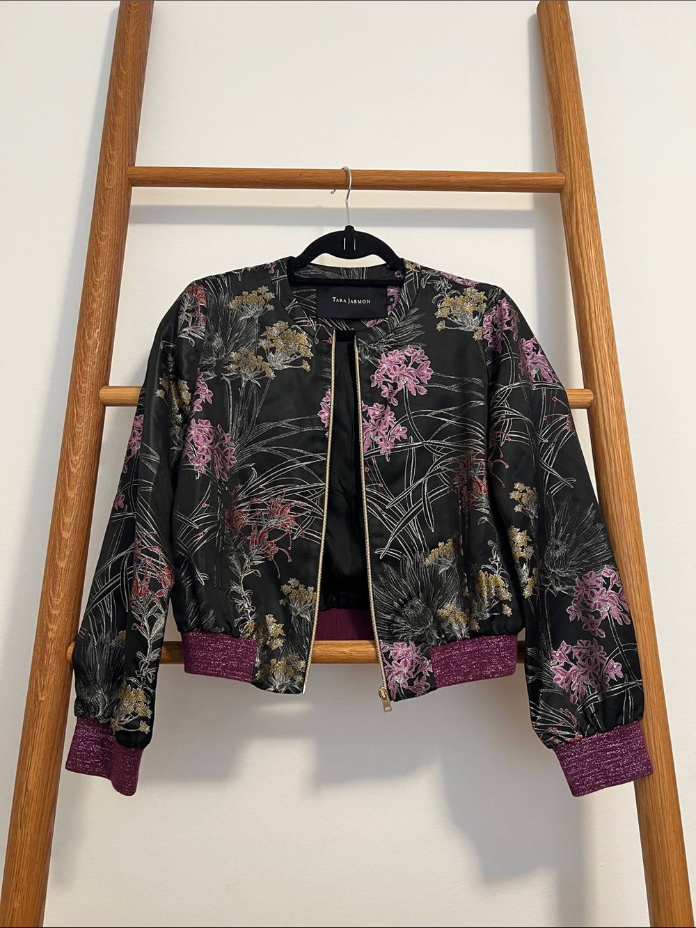 Tara Jarmon Black Floral Bomber Jacket with Pink and Gold Accents